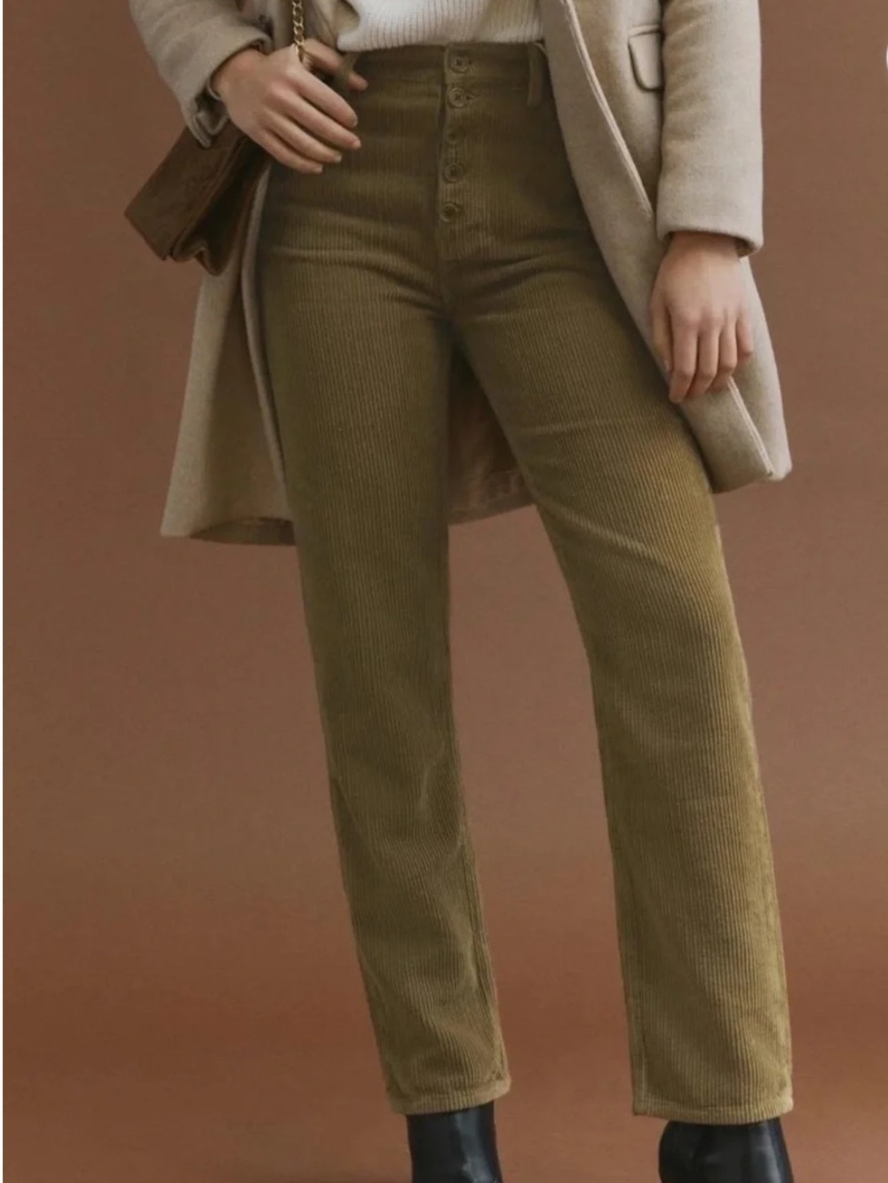 Reformation Cynthia Olive Corduroy Button-Fly High Rise Pants size 27